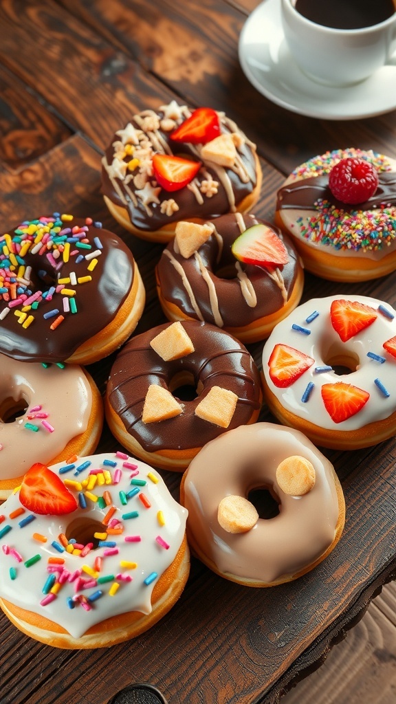 A variety of decorated donuts with sprinkles and chocolate glaze on a wooden table.